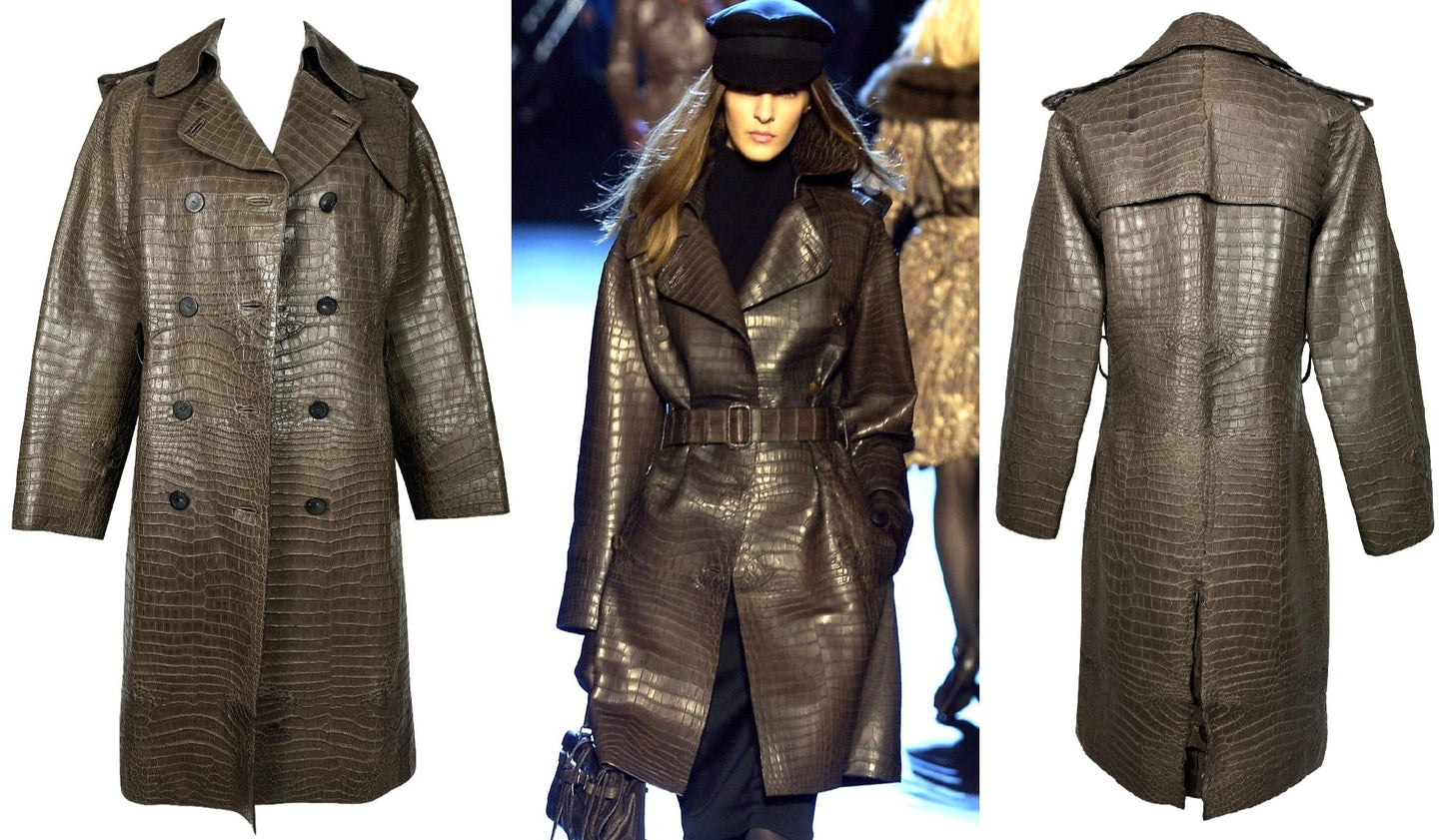 F/W 2007 Hermès by Jean Paul Gaultier Runway RARE Brown Crocodile Alligator Trench Coat Jacket