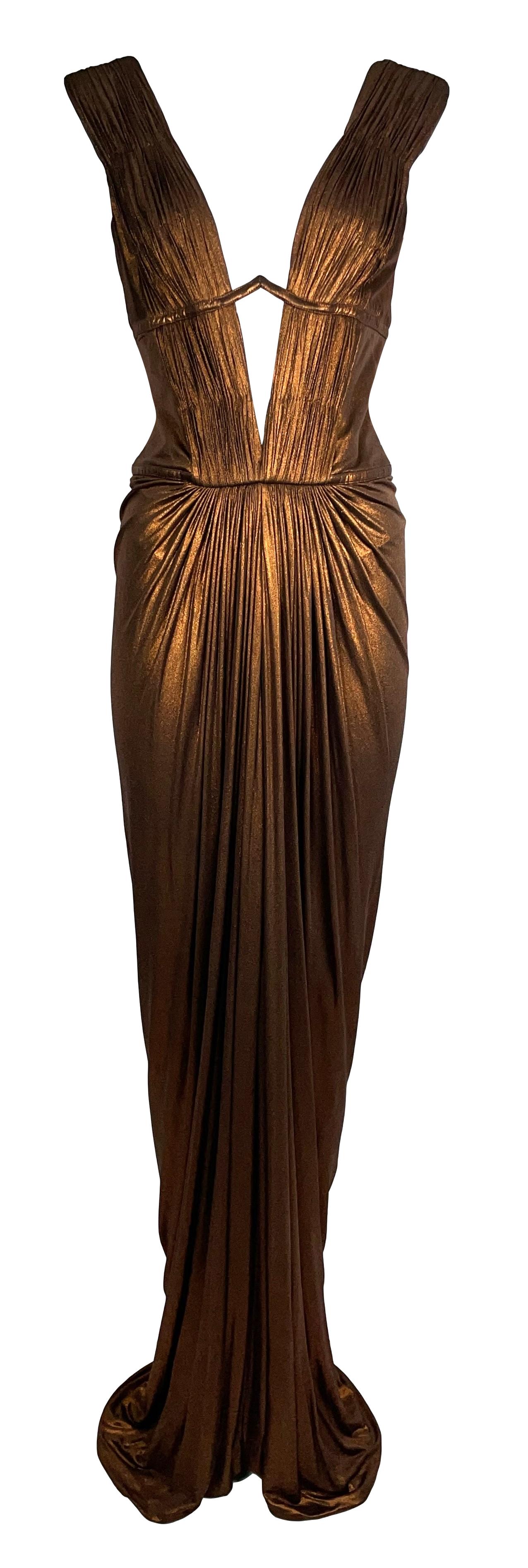 F/W 2007 Roberto Cavalli Runway Cleopatra Egyptian Plunge V-Neck Copper Fitted Maxi Dress