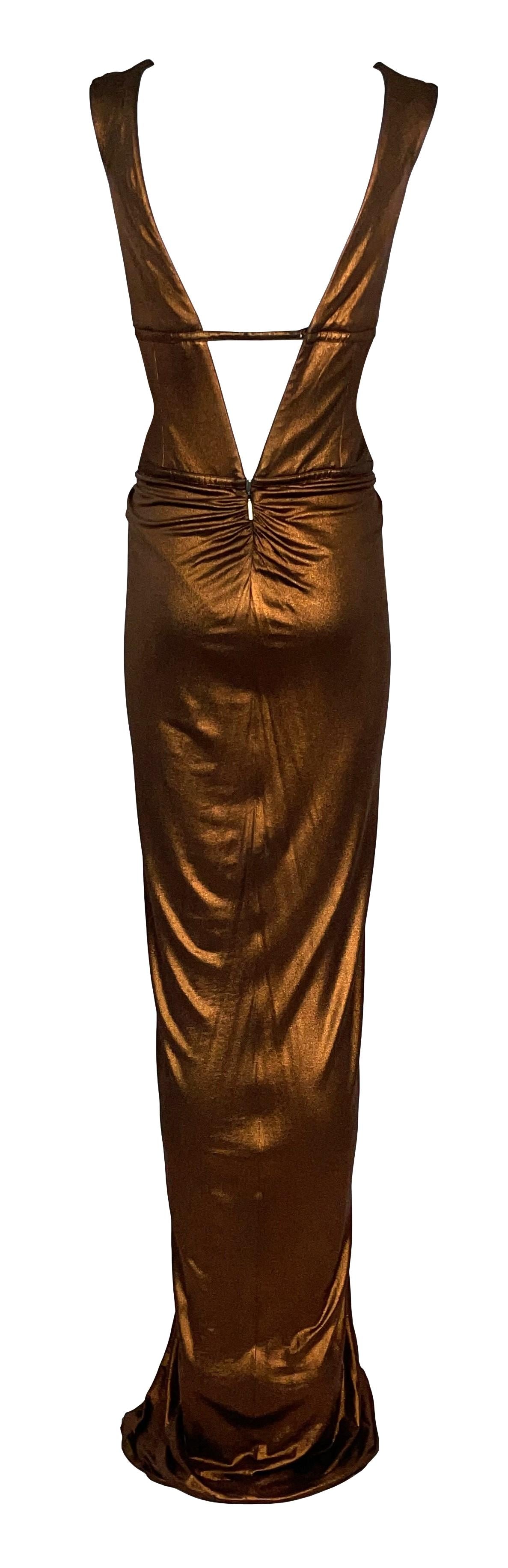 F/W 2007 Roberto Cavalli Runway Cleopatra Egyptian Plunge V-Neck Copper Fitted Maxi Dress