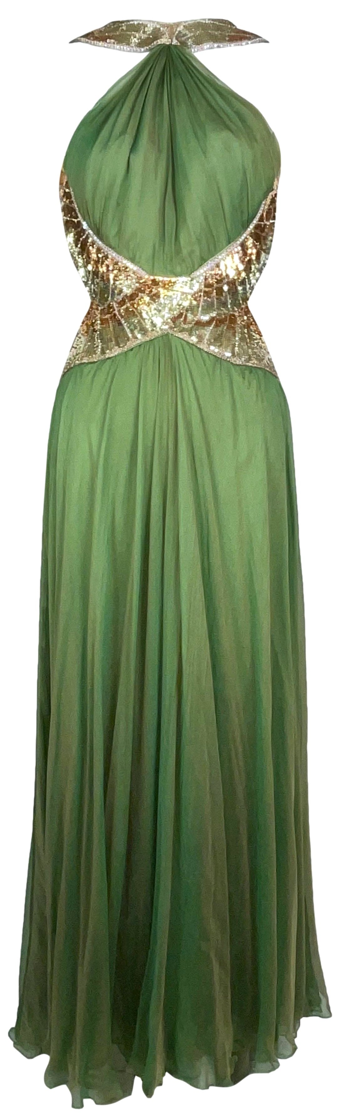 F/W 2007 Roberto Cavalli Runway Green & Gold Embellished Backless 1940's Old Hollywood Vixen Gown Dress
