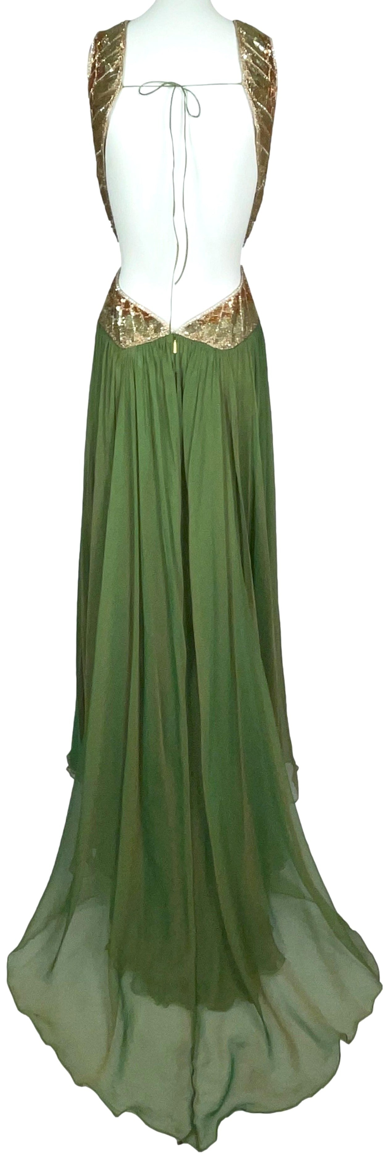 F/W 2007 Roberto Cavalli Runway Green & Gold Embellished Backless 1940's Old Hollywood Vixen Gown Dress