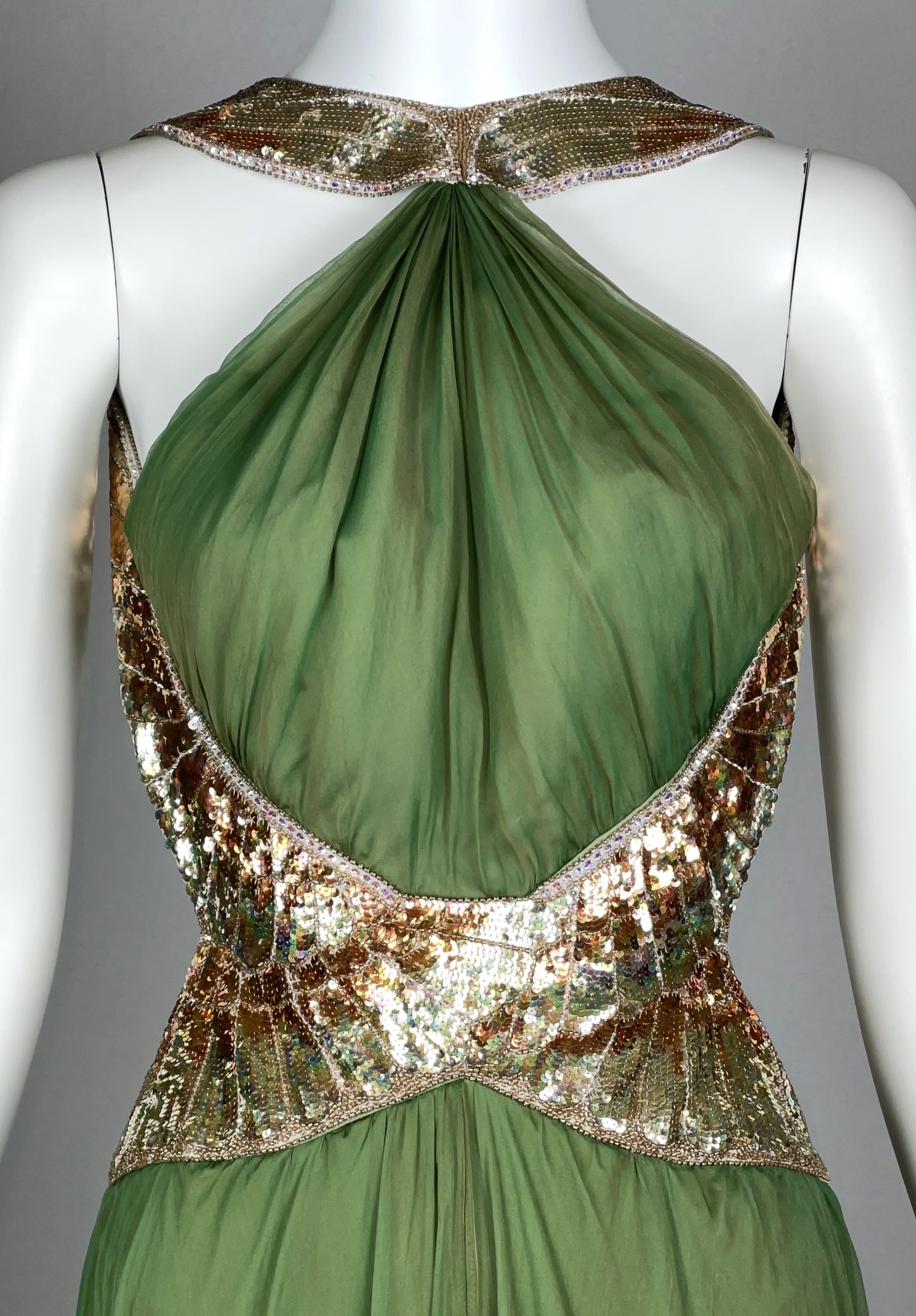 F/W 2007 Roberto Cavalli Runway Green & Gold Embellished Backless 1940's Old Hollywood Vixen Gown Dress