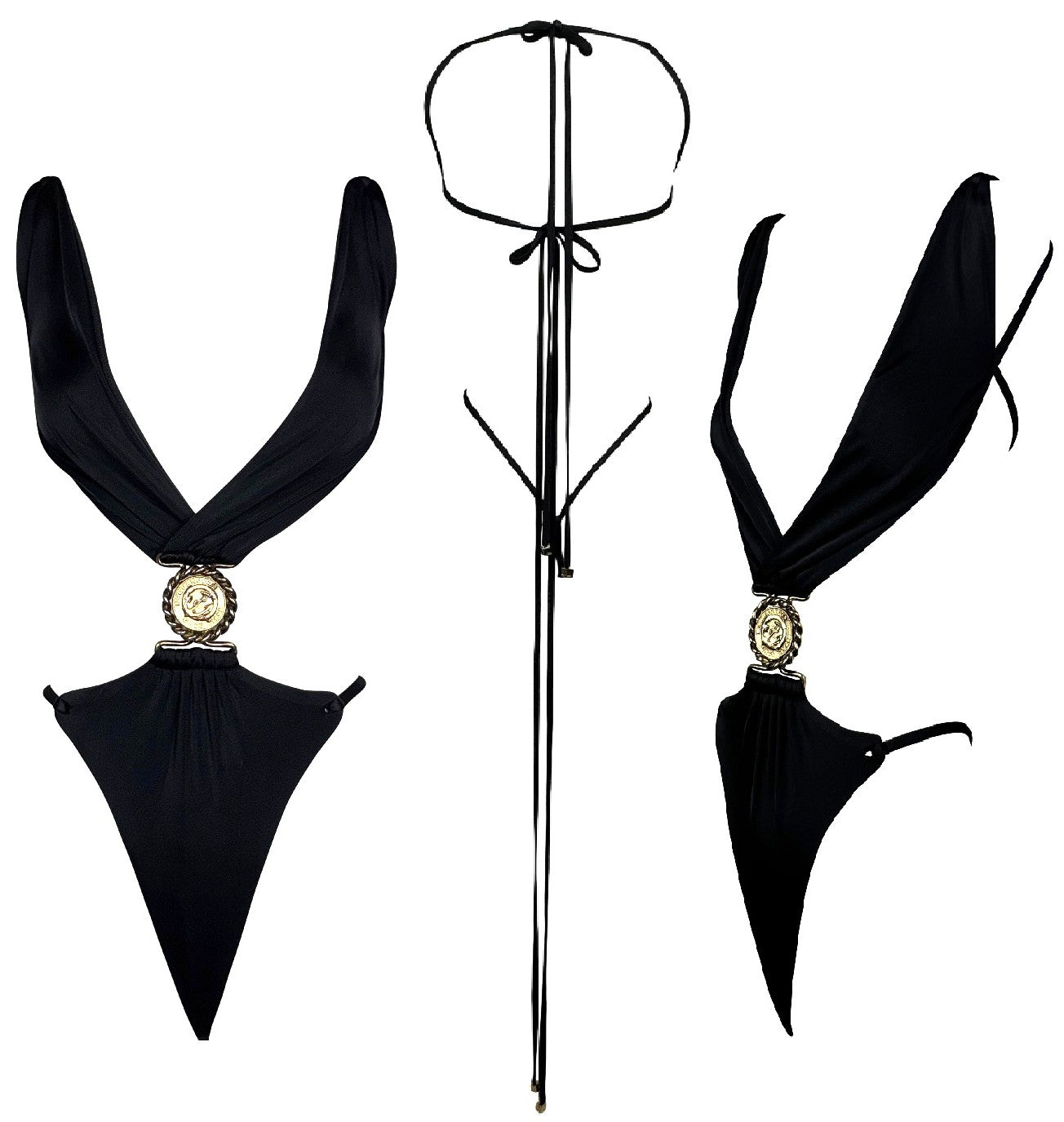 S/S 2007 Dsquared2 Runway Plunging Black Backless String Monokini Swimsuit w Gold Medallion