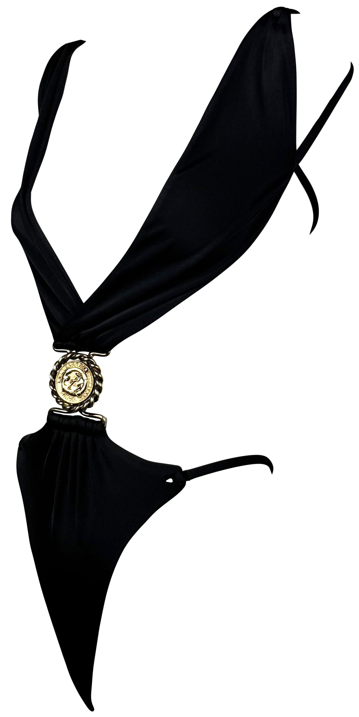 S/S 2007 Dsquared2 Runway Plunging Black Backless String Monokini Swimsuit w Gold Medallion