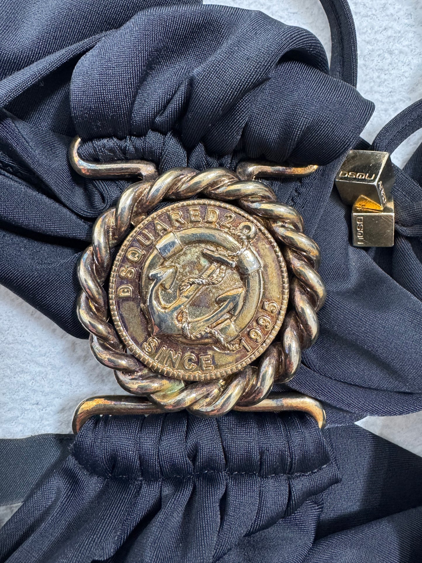 S/S 2007 Dsquared2 Runway Plunging Black Backless String Monokini Swimsuit w Gold Medallion