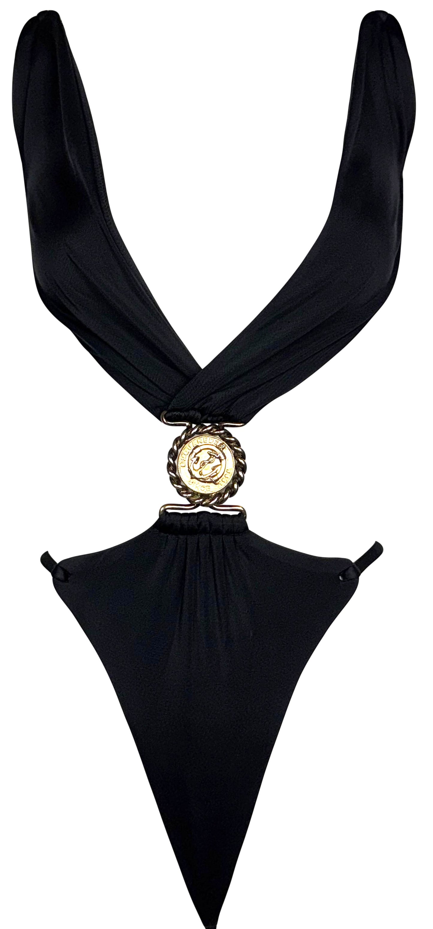 S/S 2007 Dsquared2 Runway Plunging Black Backless String Monokini Swimsuit w Gold Medallion