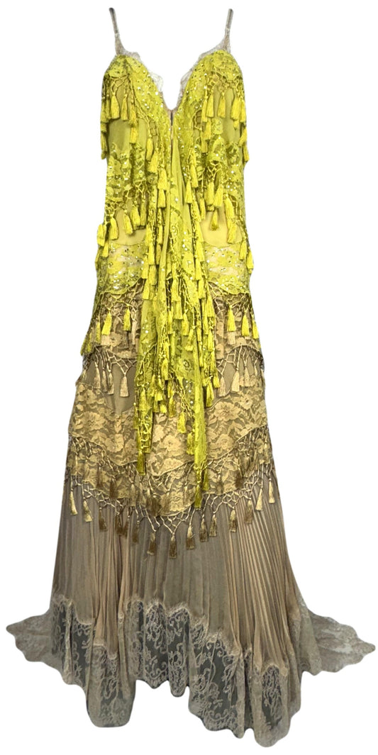 S/S 2007 Gianfranco Ferre Runway Lime Green Spanish Flamenco Fringe Tassel & Lace Gown Dress