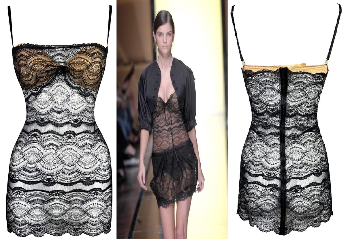 S/S 2007 Gianfranco Ferre Runway Sheer Black Lace w Nude Bra Micro Mini Dress Top