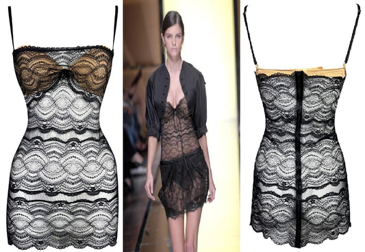 S/S 2007 Gianfranco Ferre Runway Sheer Black Lace w Nude Bra Micro Mini Dress Top