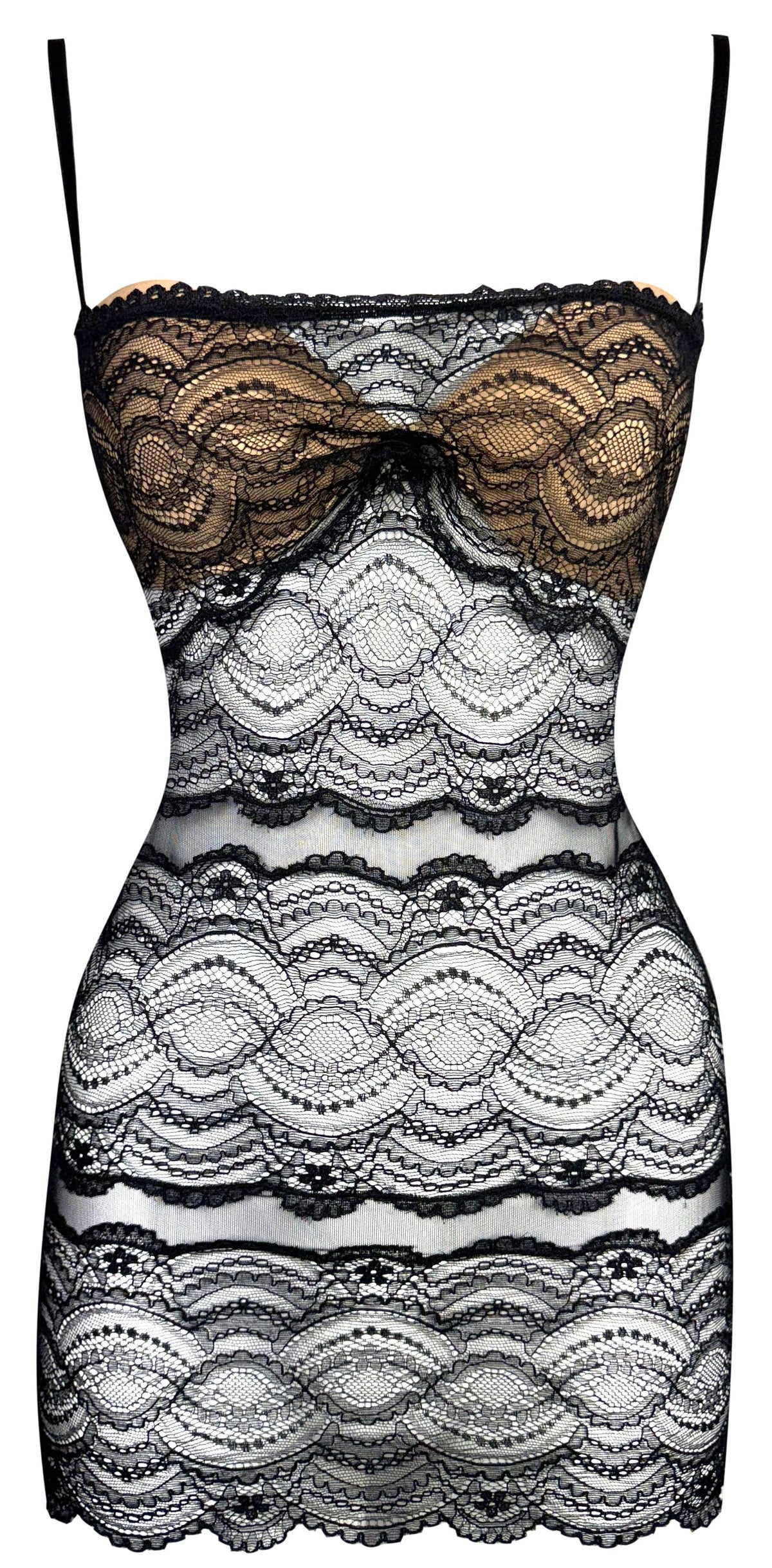 S/S 2007 Gianfranco Ferre Runway Sheer Black Lace w Nude Bra Micro Mini Dress Top