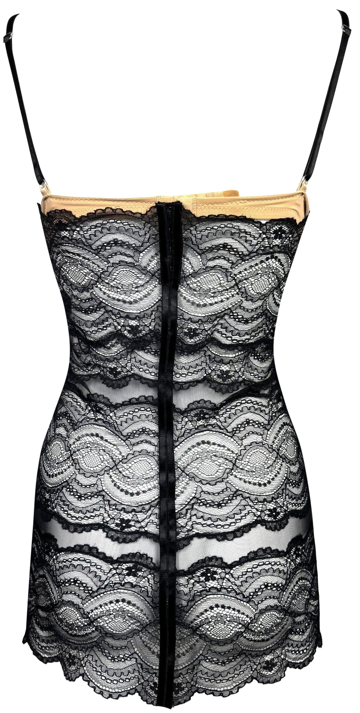 S/S 2007 Gianfranco Ferre Runway Sheer Black Lace w Nude Bra Micro Mini Dress Top