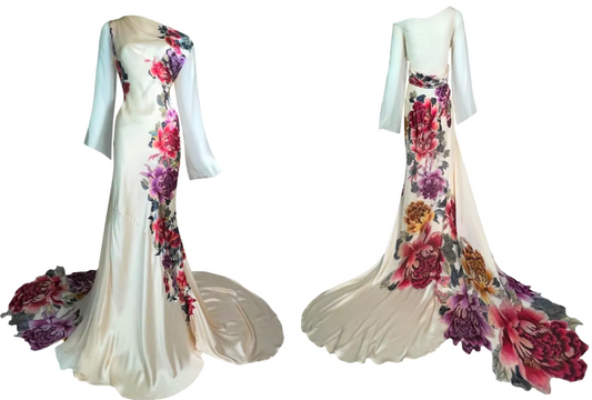 S/S 2007 Roberto Cavalli Chinoiserie Floral Ivory Silk Kimono Style Long Sleeve Gown Dress w Train