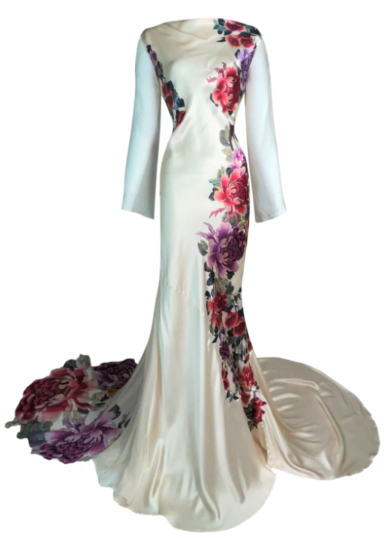 S/S 2007 Roberto Cavalli Chinoiserie Floral Ivory Silk Kimono Style Long Sleeve Gown Dress w Train