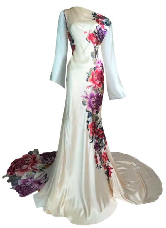 S/S 2007 Roberto Cavalli Chinoiserie Floral Ivory Silk Kimono Style Long Sleeve Gown Dress w Train
