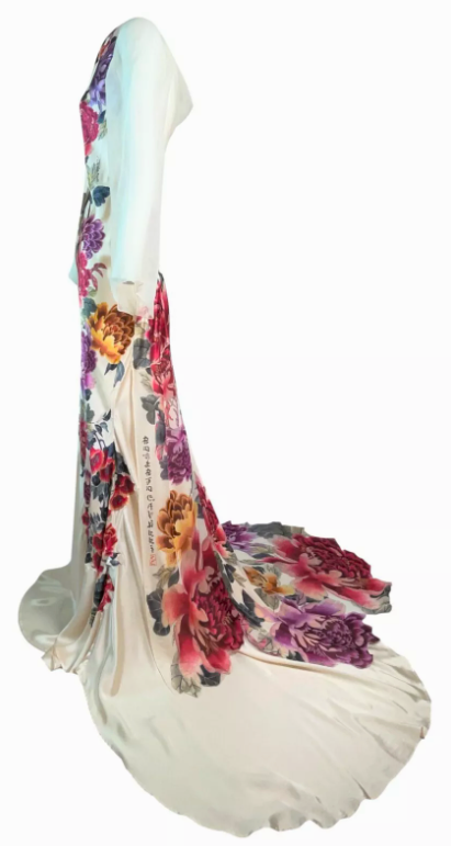 S/S 2007 Roberto Cavalli Chinoiserie Floral Ivory Silk Kimono Style Long Sleeve Gown Dress w Train