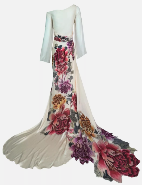 S/S 2007 Roberto Cavalli Chinoiserie Floral Ivory Silk Kimono Style Long Sleeve Gown Dress w Train