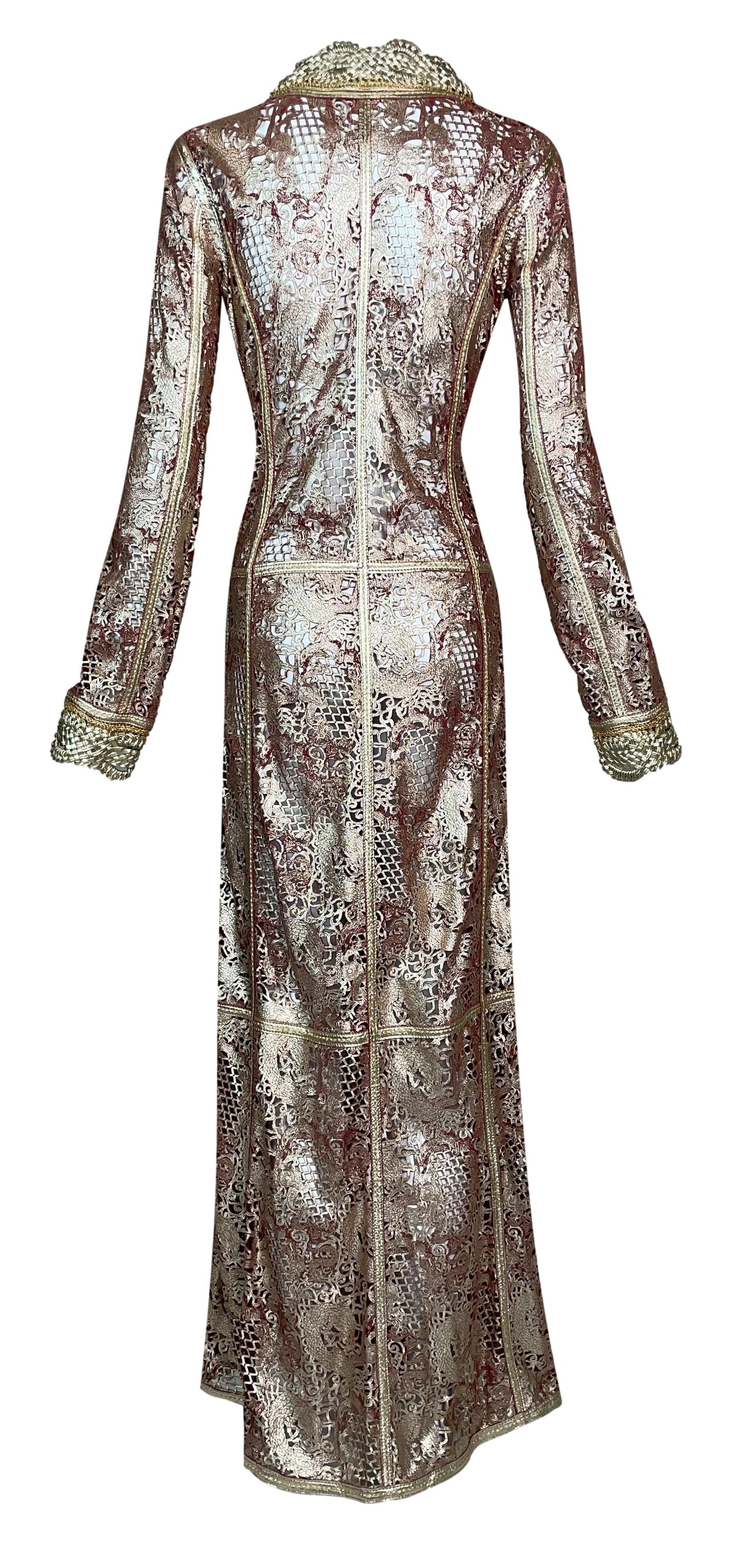 NWT S/S 2007 Roberto Cavalli Runway Chinoiserie Dragon Gold & Red Leather Maxi Dress Coat & Metal Jeweled Belt