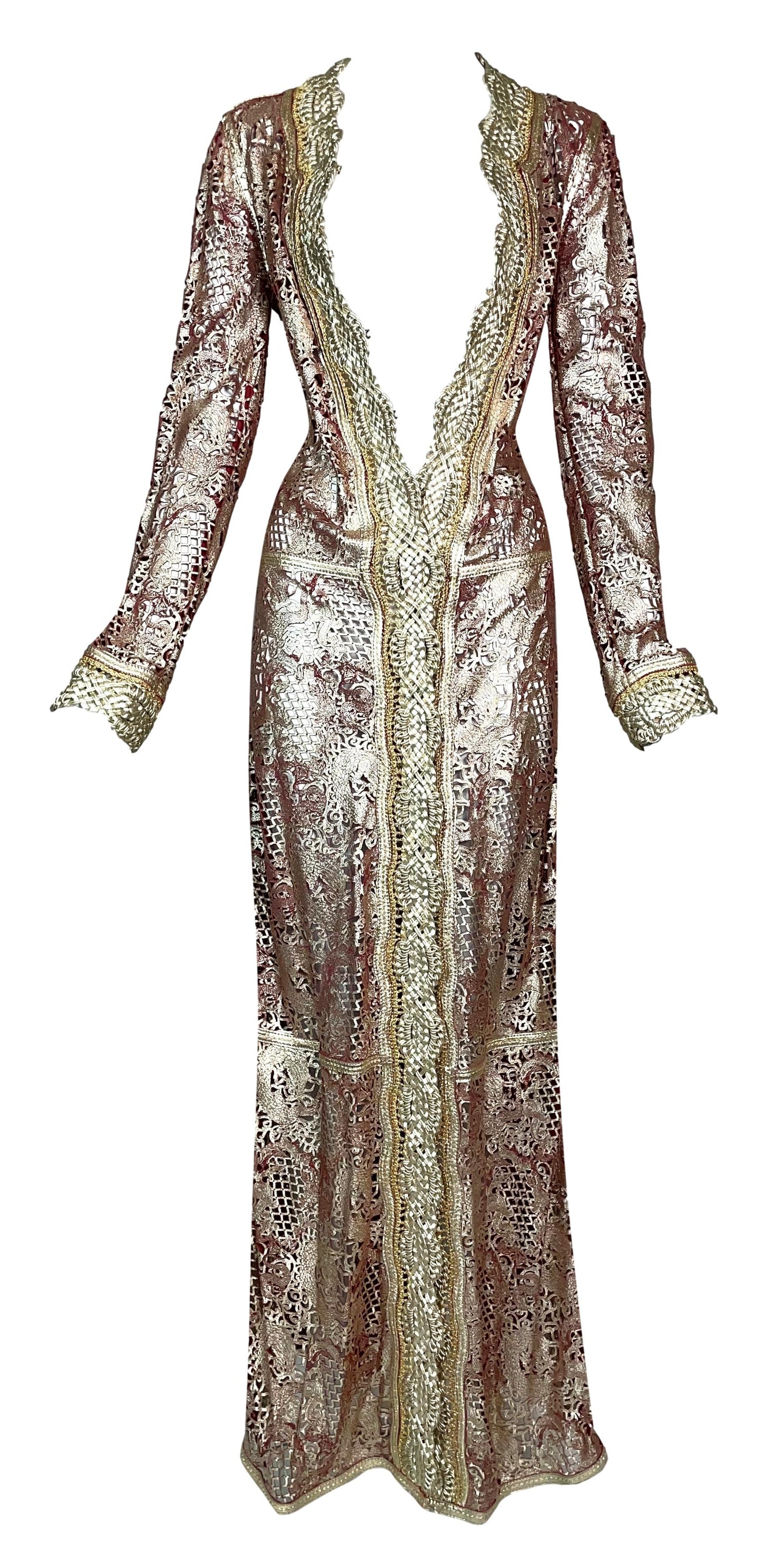 NWT S/S 2007 Roberto Cavalli Runway Chinoiserie Dragon Gold & Red Leather Maxi Dress Coat & Metal Jeweled Belt
