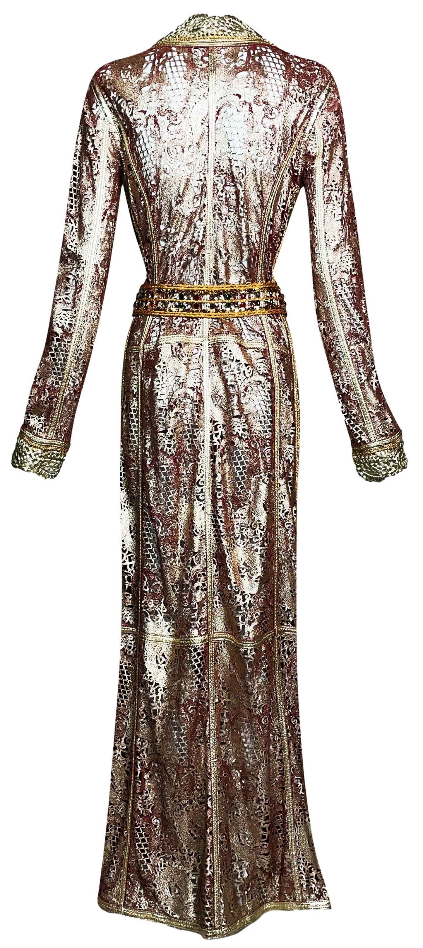 NWT S/S 2007 Roberto Cavalli Runway Chinoiserie Dragon Gold & Red Leather Maxi Dress Coat & Metal Jeweled Belt