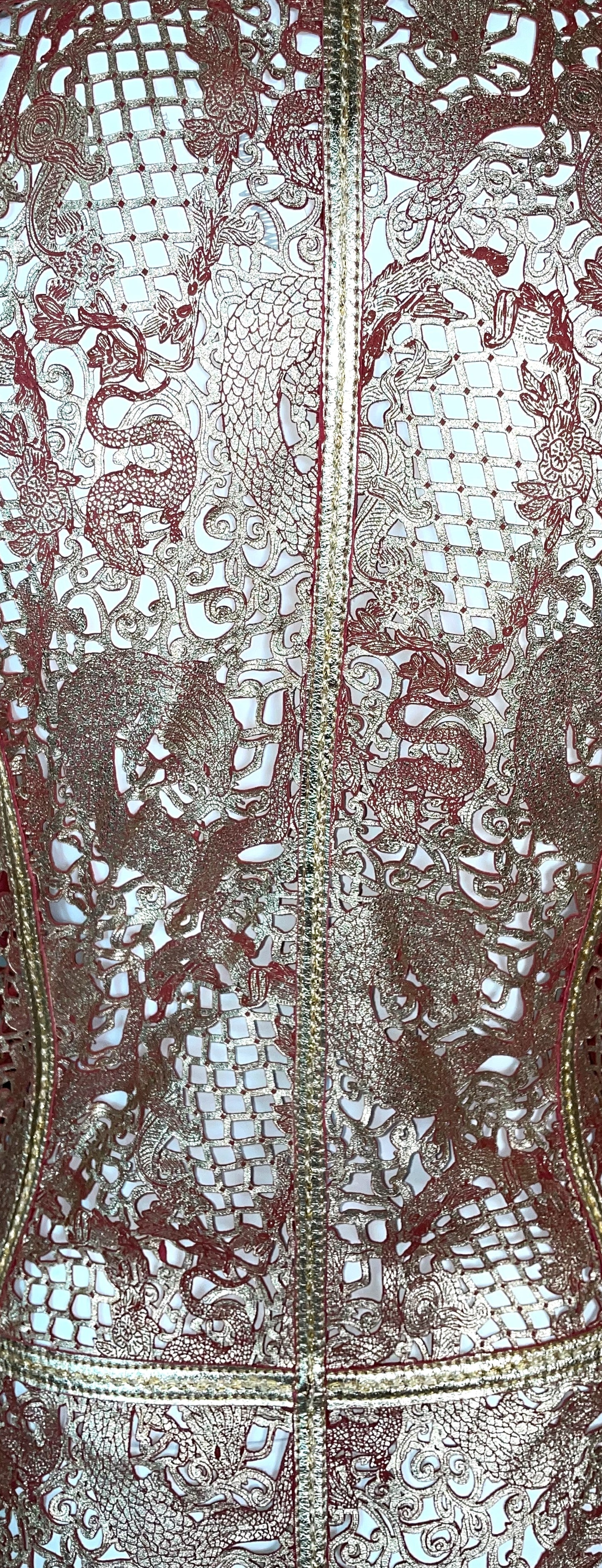 NWT S/S 2007 Roberto Cavalli Runway Chinoiserie Dragon Gold & Red Leather Maxi Dress Coat & Metal Jeweled Belt