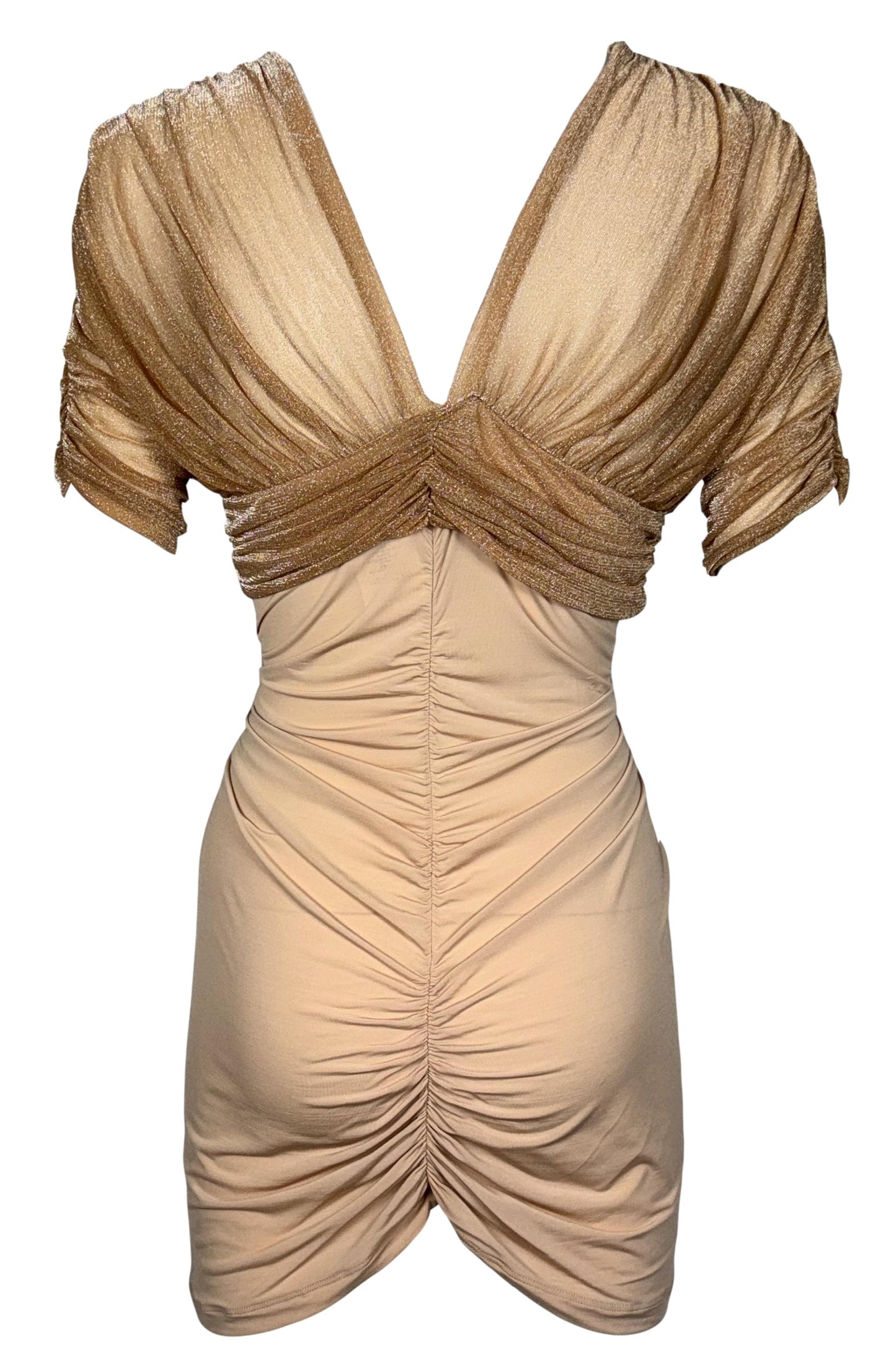 2008 Balenciaga by Nicolas Ghesquière Sheer Nude & Gold Ruched Mini Dress