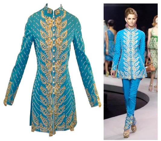 NWT Cruise 2008 Christian Dior by John Galliano Runway Blue Raj Beaded Embellished Dress Jacket