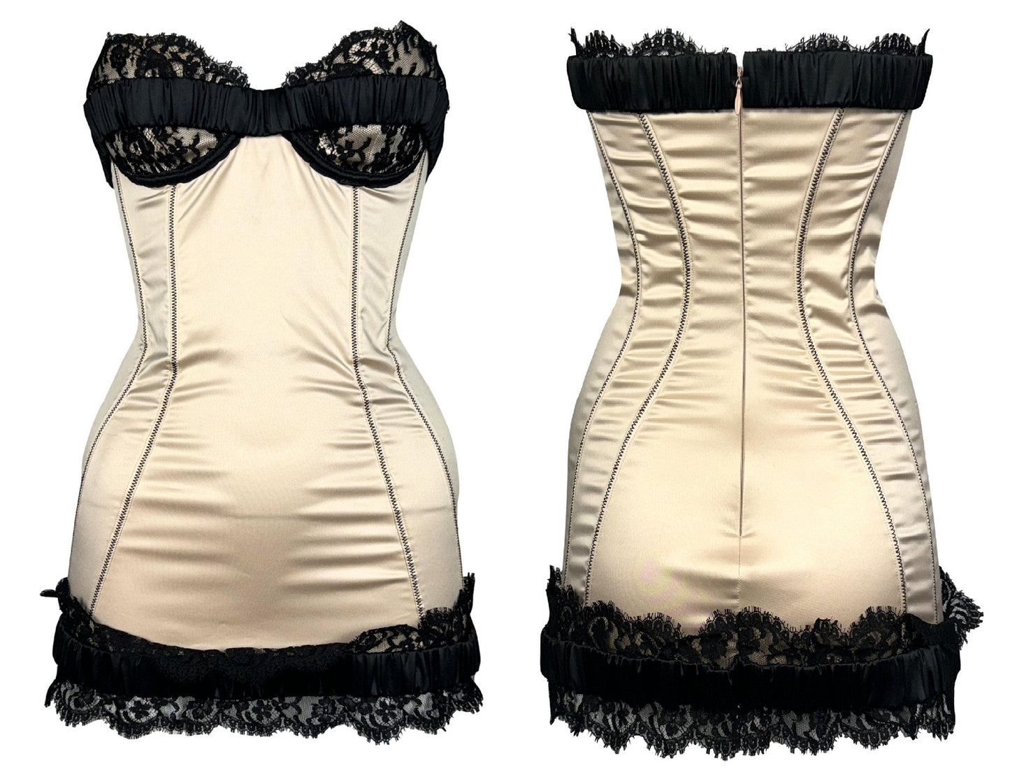 F/W 2008 Dsquared2 Runway Pin-up Stretch Champagne Satin & Black Lace Strapless Mini Dress