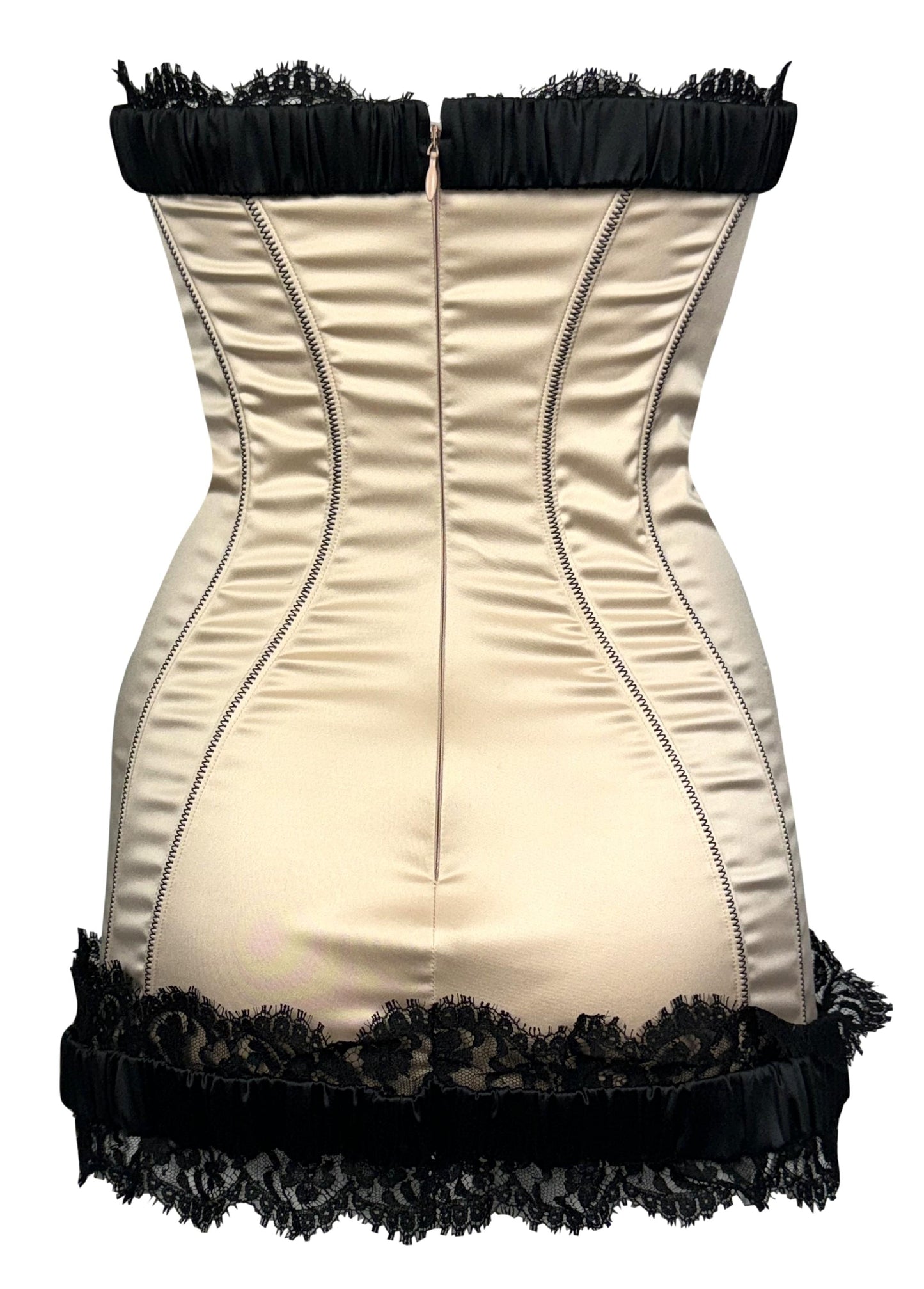 F/W 2008 Dsquared2 Runway Pin-up Stretch Champagne Satin & Black Lace Strapless Mini Dress