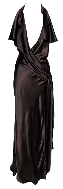 F/W 2008 Jean Paul Gaultier Runway Brown Satin Plunging Wrap Gown Dress