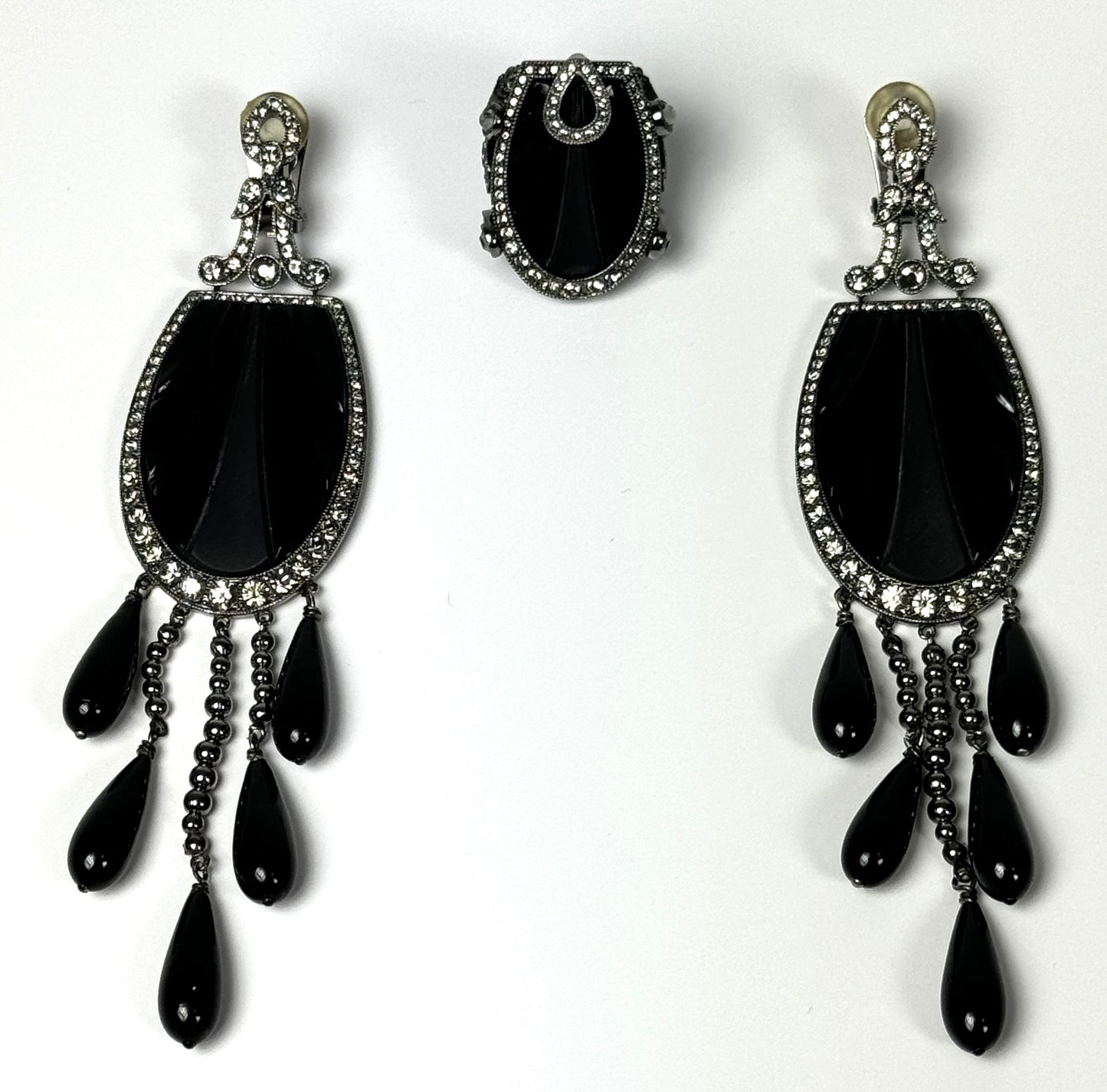 S/S 2008 Christian Dior by John Galliano Runway 20's Art Deco Style Large Onyx Earrings & Ring Set