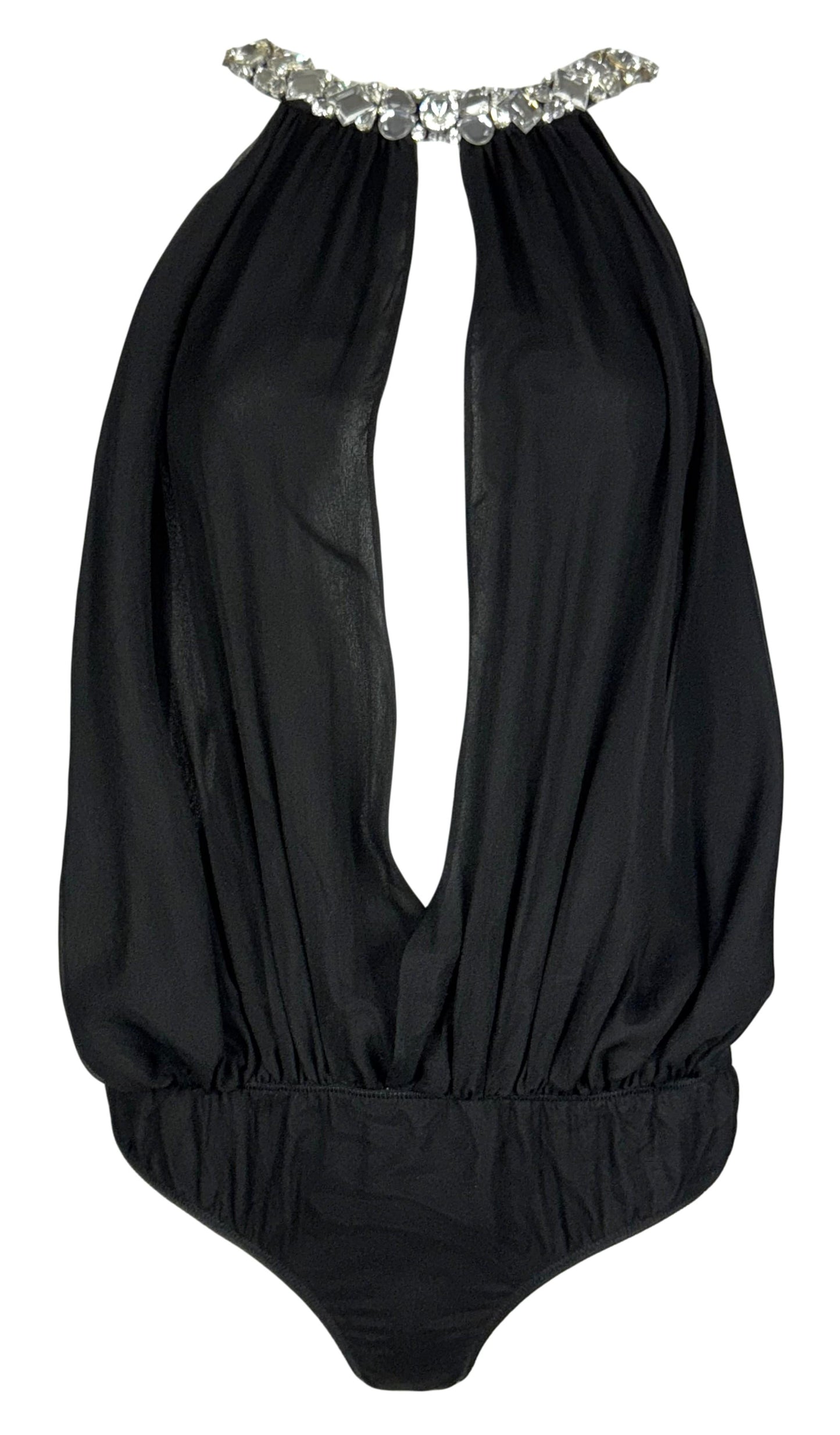 S/S 2008 Dsquared2 Black Silk Plunging Backless Crystal Suspender Bodysuit Top