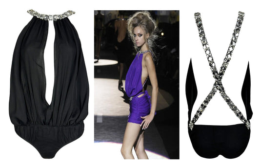 S/S 2008 Dsquared2 Black Silk Plunging Backless Crystal Suspender Bodysuit Top