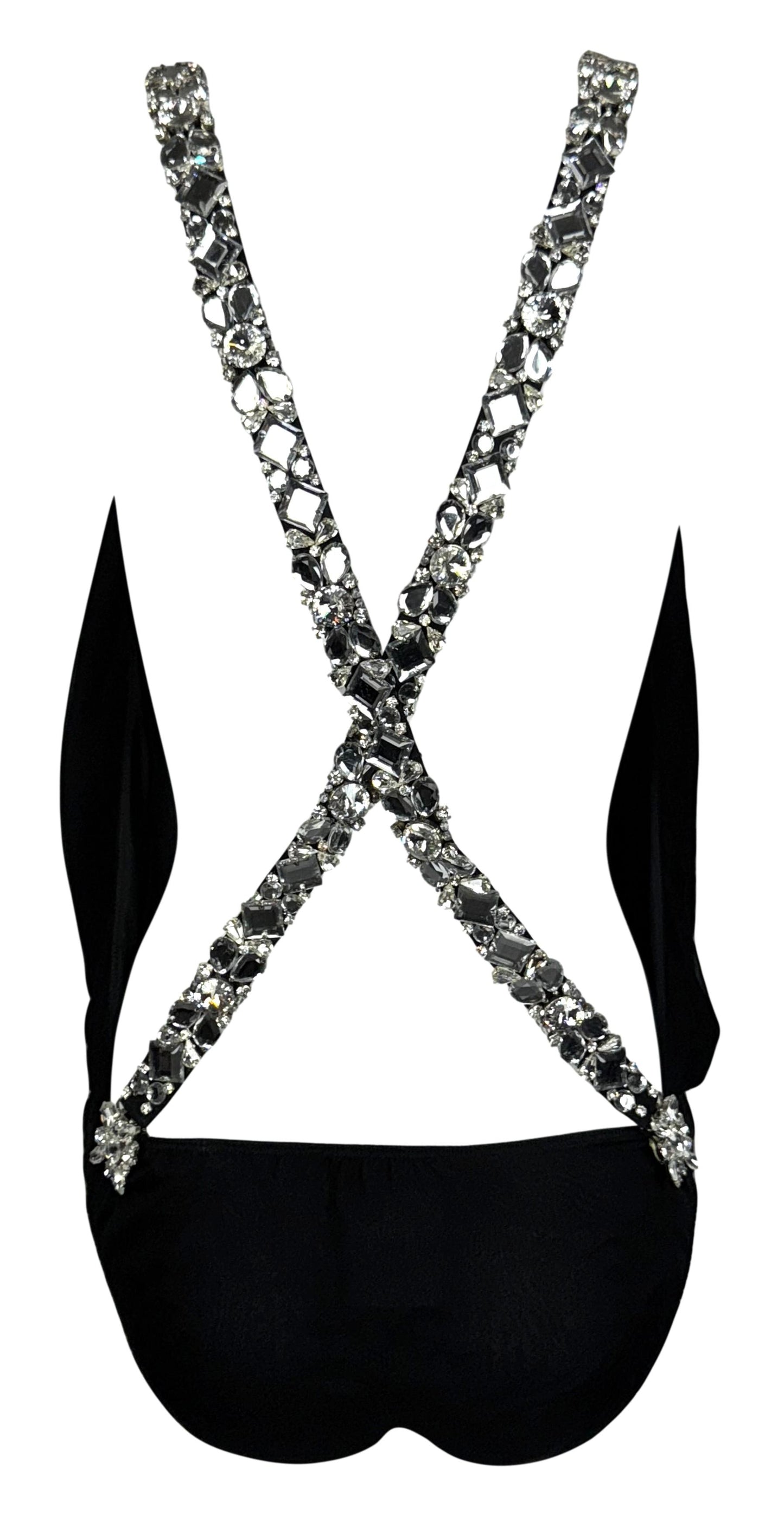 S/S 2008 Dsquared2 Black Silk Plunging Backless Crystal Suspender Bodysuit Top