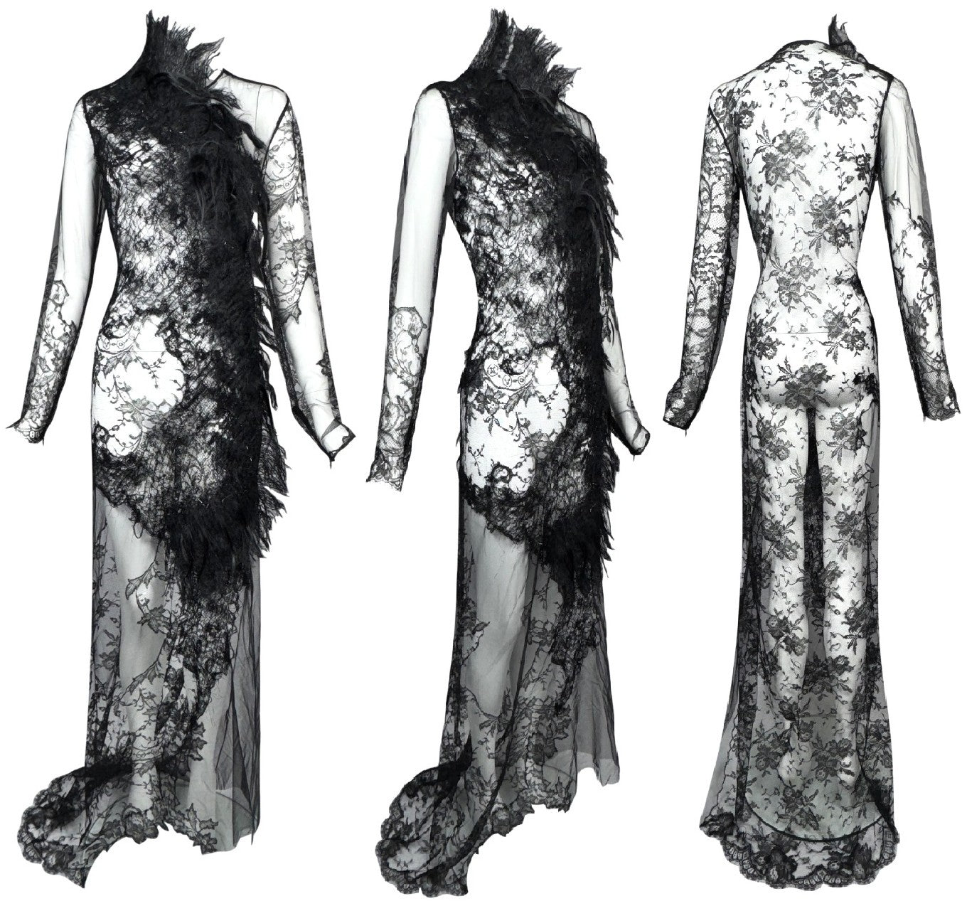 2009 Alexander McQueen RARE Sheer Black Lace Victorian Goth Fur Trim Gown Dress