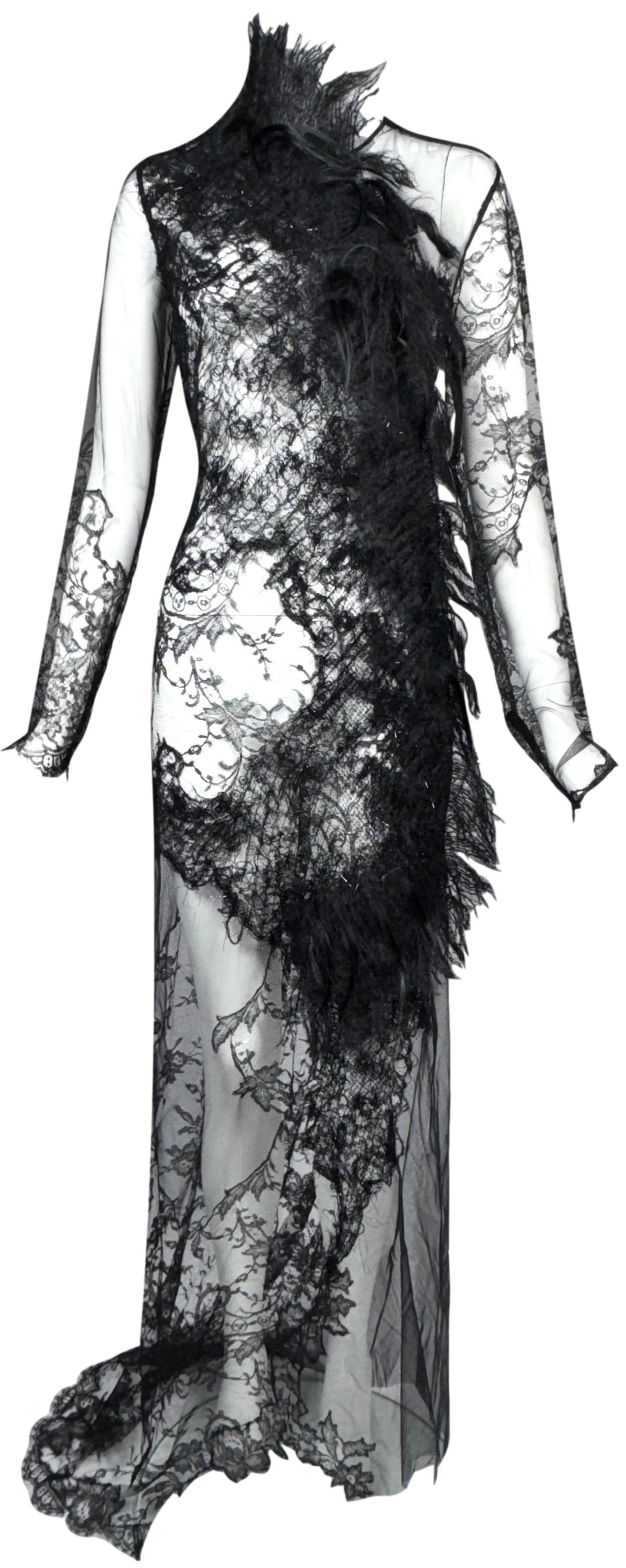 2009 Alexander McQueen RARE Sheer Black Lace Victorian Goth Fur Trim Gown Dress