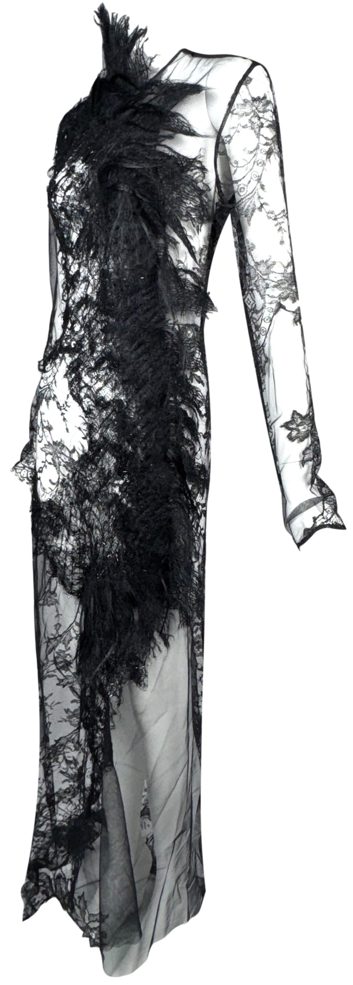 2009 Alexander McQueen RARE Sheer Black Lace Victorian Goth Fur Trim Gown Dress