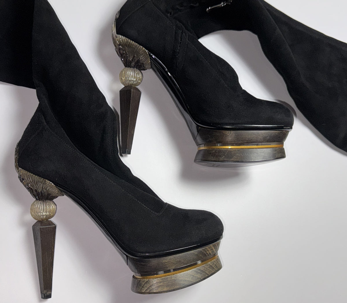 F/W 2009 Gianfranco Ferre Runway Sexy Tall Knee High Suede Leather Boots w Art Deco Style Wood & Resin Victorian Heels
