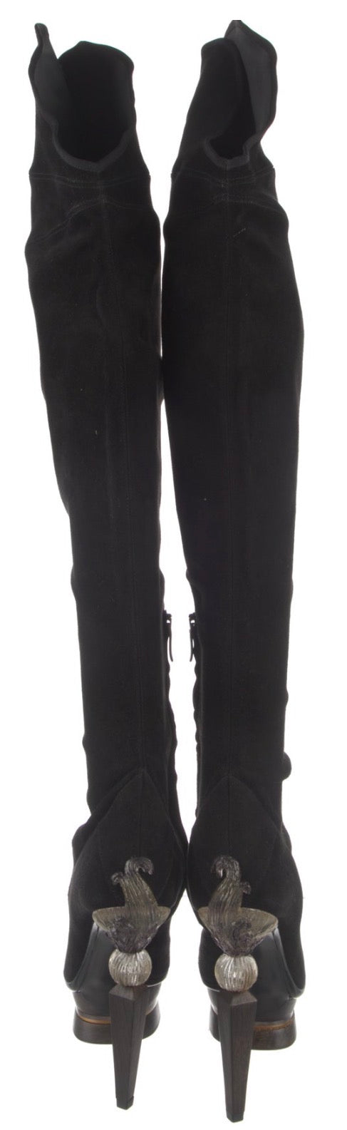 F/W 2009 Gianfranco Ferre Runway Sexy Tall Knee High Suede Leather Boots w Art Deco Style Wood & Resin Victorian Heels