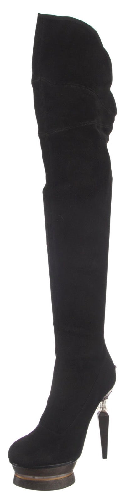 F/W 2009 Gianfranco Ferre Runway Sexy Tall Knee High Suede Leather Boots w Art Deco Style Wood & Resin Victorian Heels