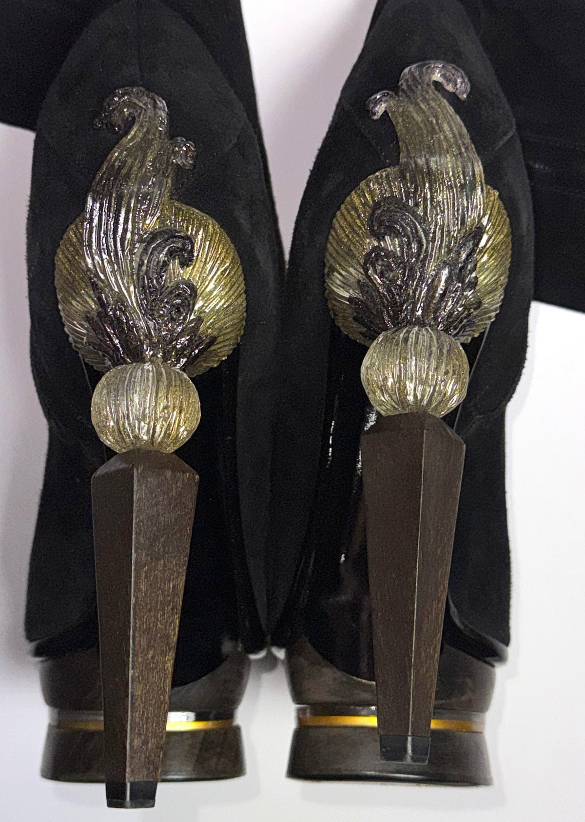 F/W 2009 Gianfranco Ferre Runway Sexy Tall Knee High Suede Leather Boots w Art Deco Style Wood & Resin Victorian Heels