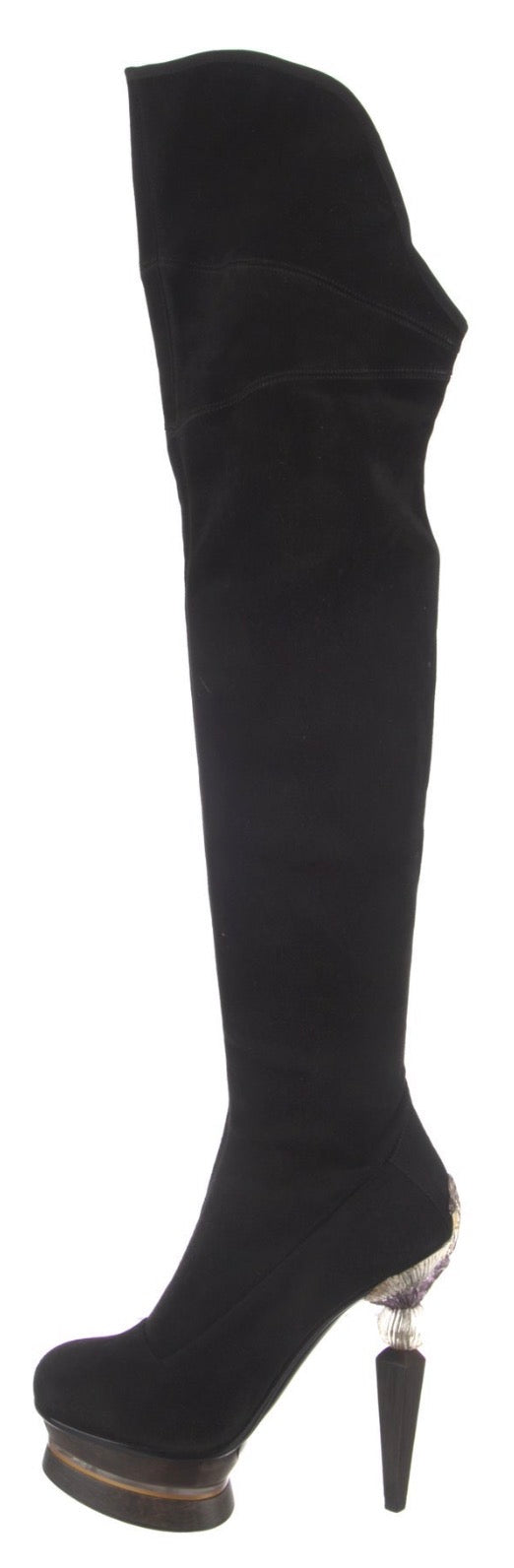 F/W 2009 Gianfranco Ferre Runway Sexy Tall Knee High Suede Leather Boots w Art Deco Style Wood & Resin Victorian Heels