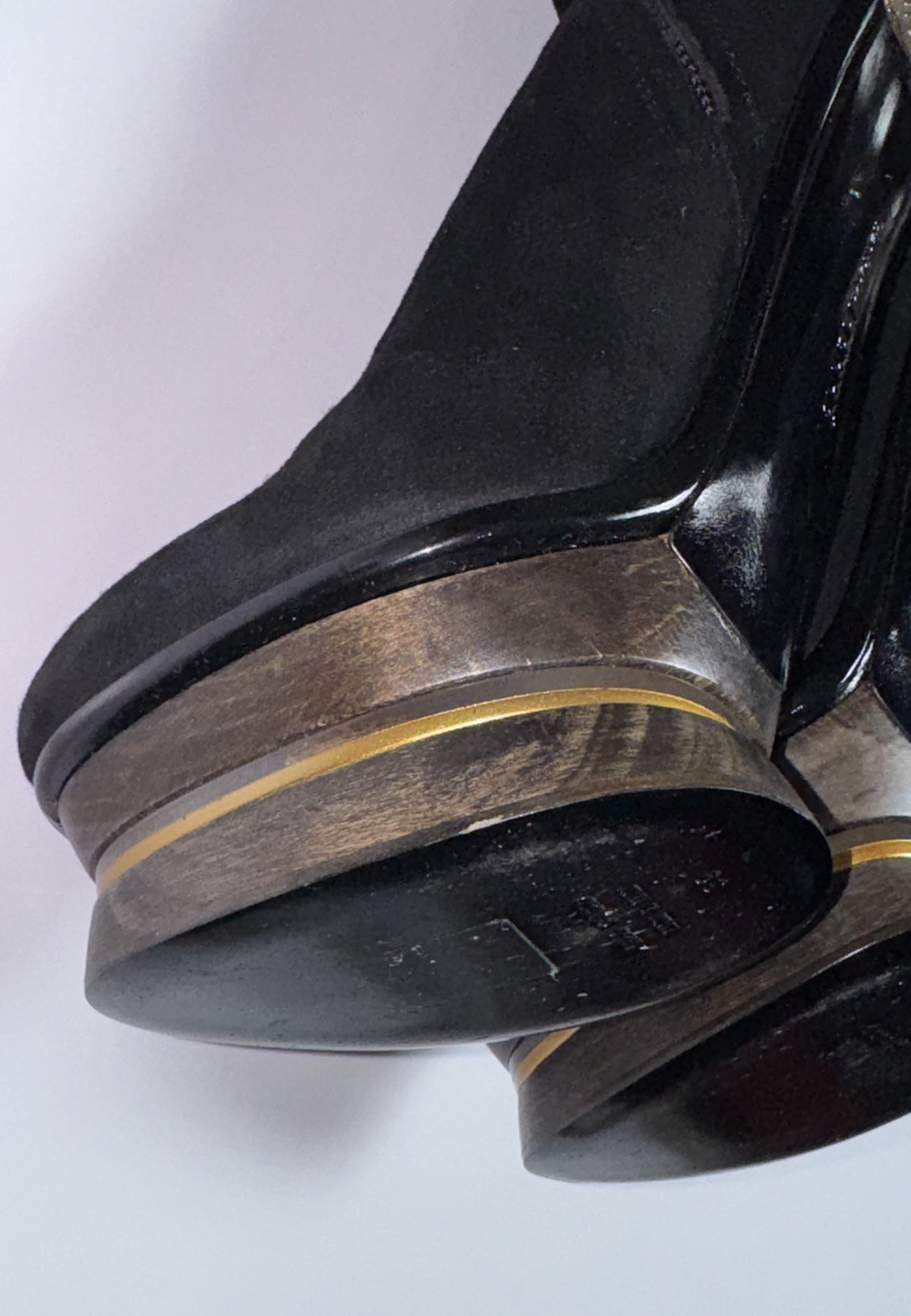 F/W 2009 Gianfranco Ferre Runway Sexy Tall Knee High Suede Leather Boots w Art Deco Style Wood & Resin Victorian Heels