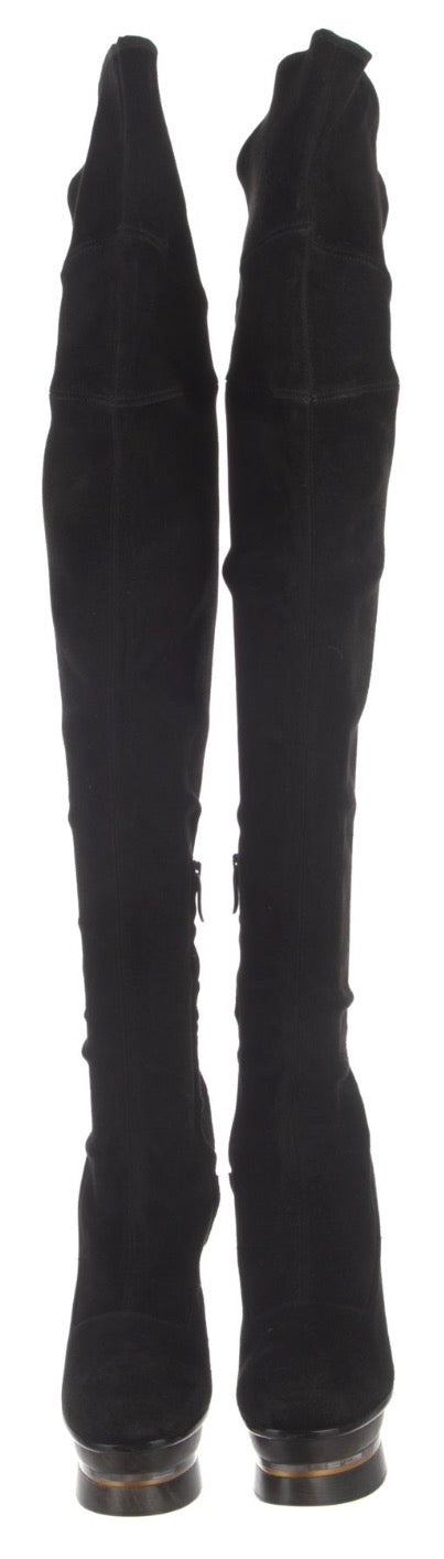 F/W 2009 Gianfranco Ferre Runway Sexy Tall Knee High Suede Leather Boots w Art Deco Style Wood & Resin Victorian Heels