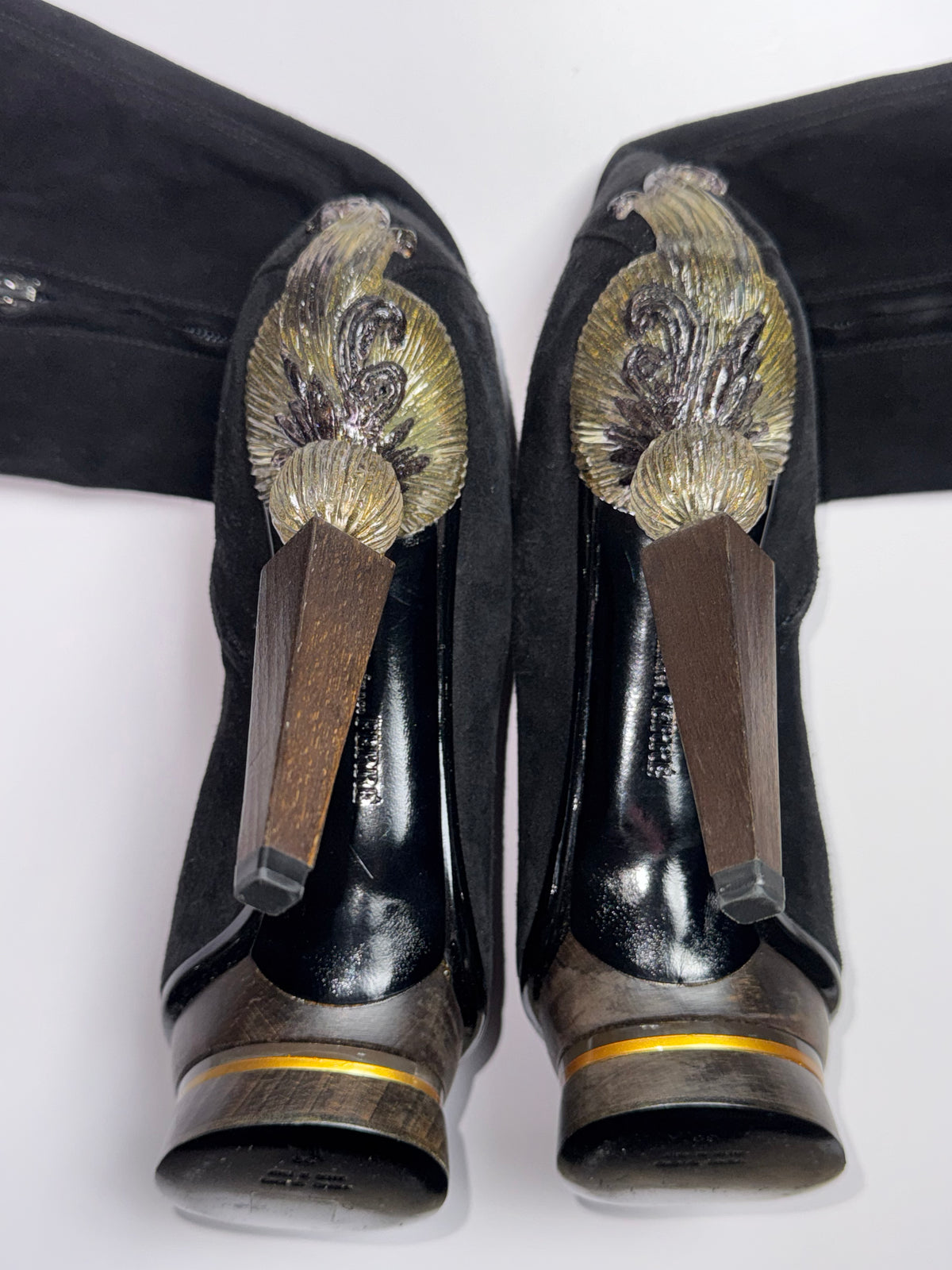 F/W 2009 Gianfranco Ferre Runway Sexy Tall Knee High Suede Leather Boots w Art Deco Style Wood & Resin Victorian Heels