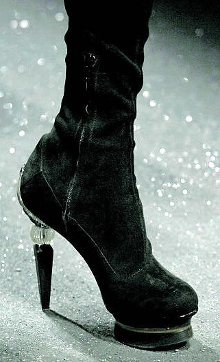 F/W 2009 Gianfranco Ferre Runway Sexy Tall Knee High Suede Leather Boots w Art Deco Style Wood & Resin Victorian Heels