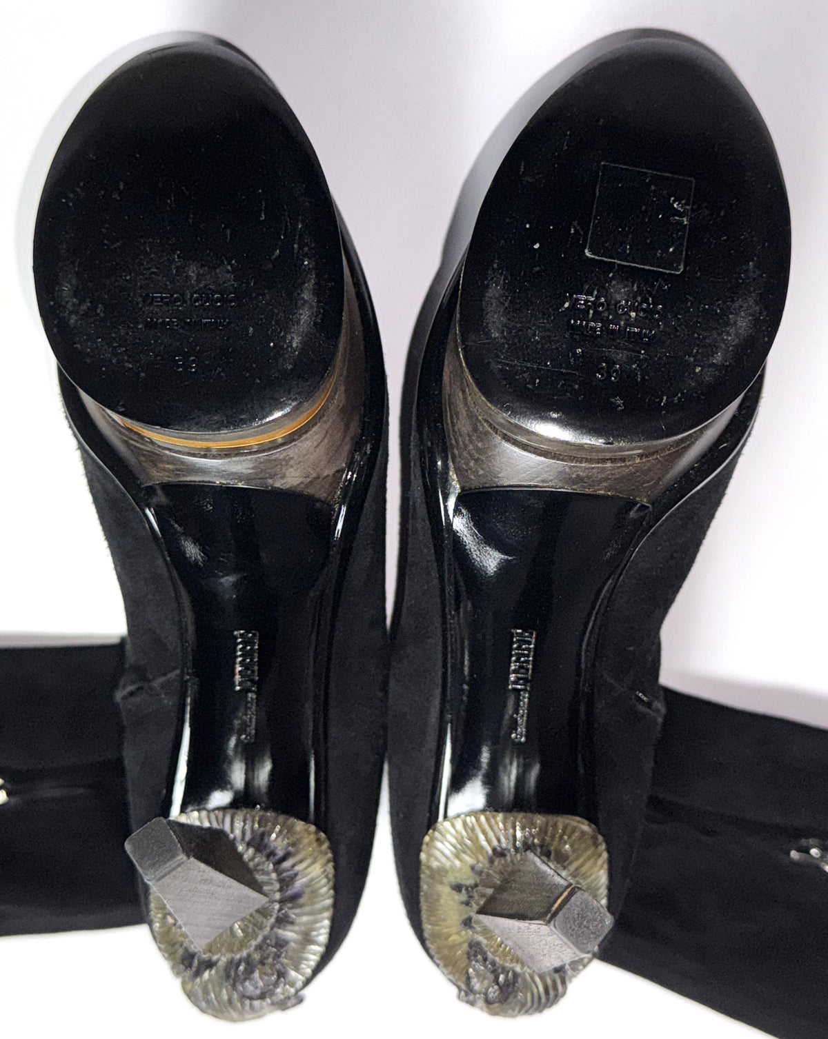 F/W 2009 Gianfranco Ferre Runway Sexy Tall Knee High Suede Leather Boots w Art Deco Style Wood & Resin Victorian Heels