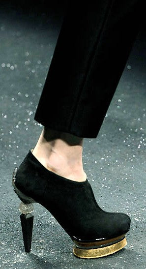 F/W 2009 Gianfranco Ferre Runway Sexy Tall Knee High Suede Leather Boots w Art Deco Style Wood & Resin Victorian Heels