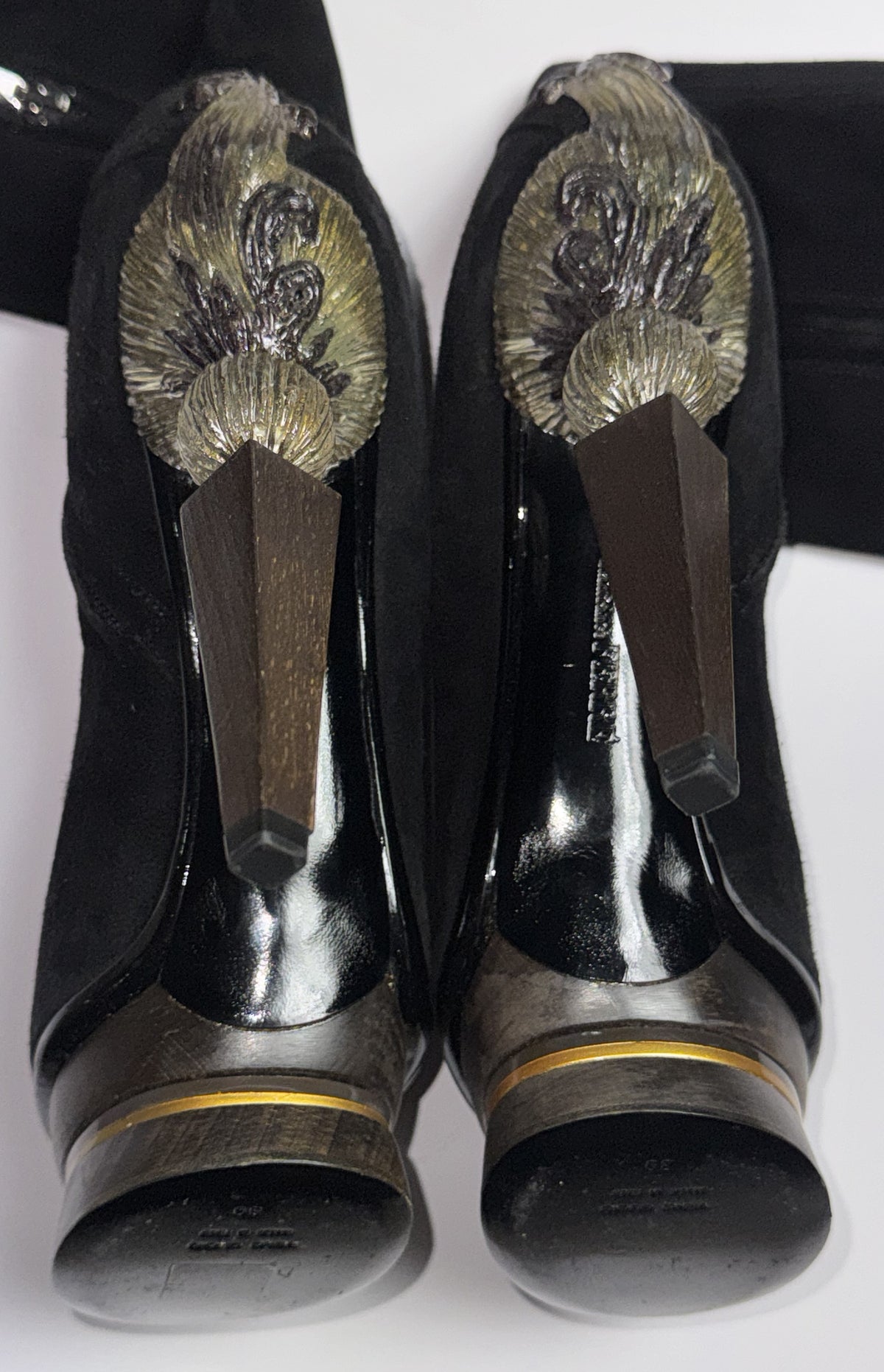 F/W 2009 Gianfranco Ferre Runway Sexy Tall Knee High Suede Leather Boots w Art Deco Style Wood & Resin Victorian Heels