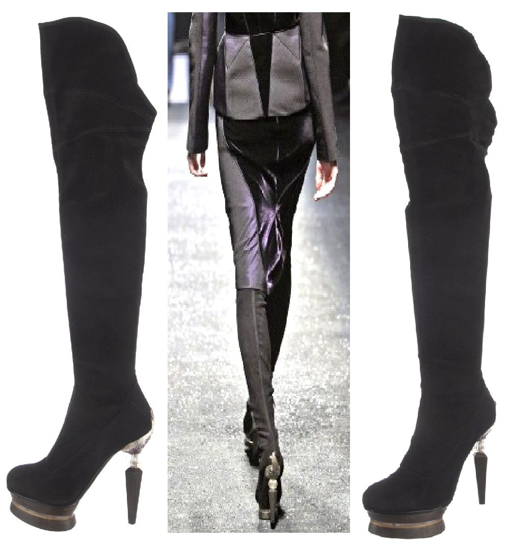 F/W 2009 Gianfranco Ferre Runway Sexy Tall Knee High Suede Leather Boots w Art Deco Style Wood & Resin Victorian Heels