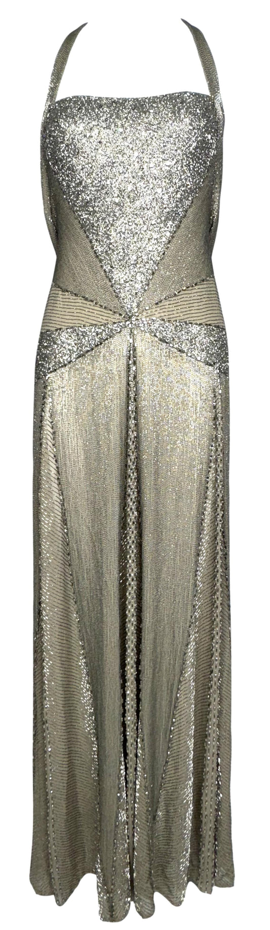 2009 Gianfranco Ferre 1940's Style Fully Beaded Old Hollywood Halter Maxi Gown Dress